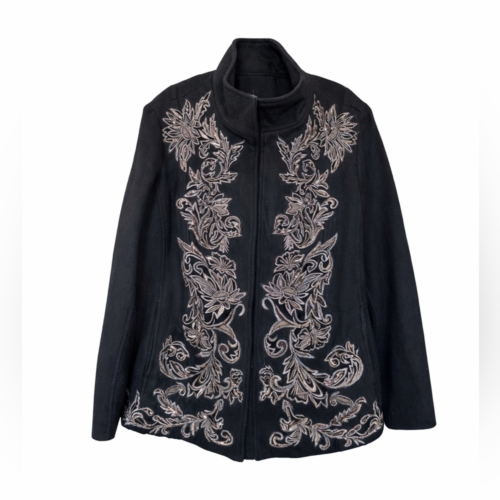 Chico’s Black Embroidered Beaded Wool Blend Jacket Size 3